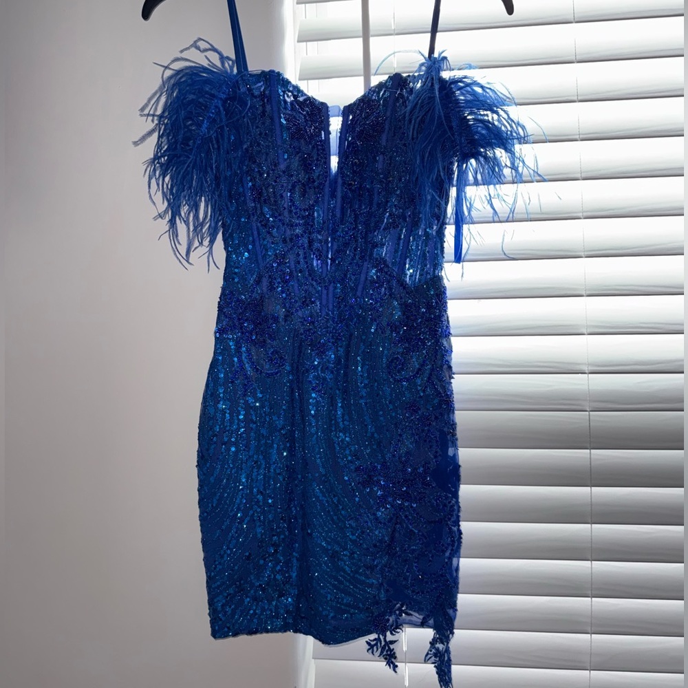 Blue Feathered Dress prom/hoco